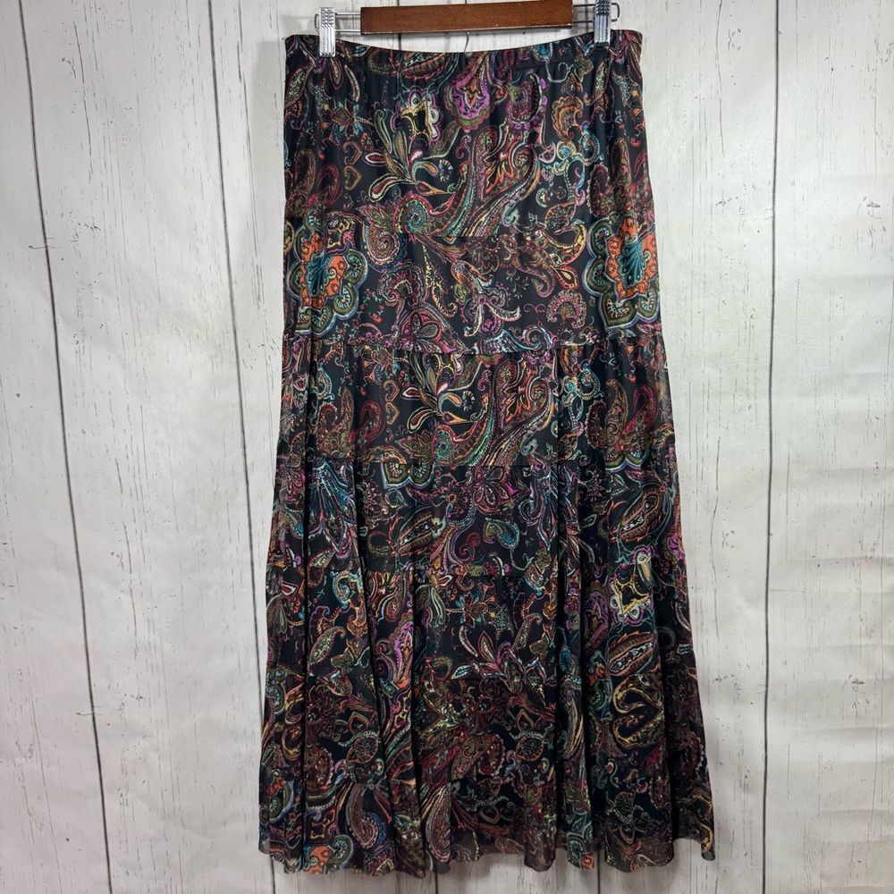 Coco Bianco Womens L Multicolor Paisley Boho Midi Skirt Tiered Flowy Festive